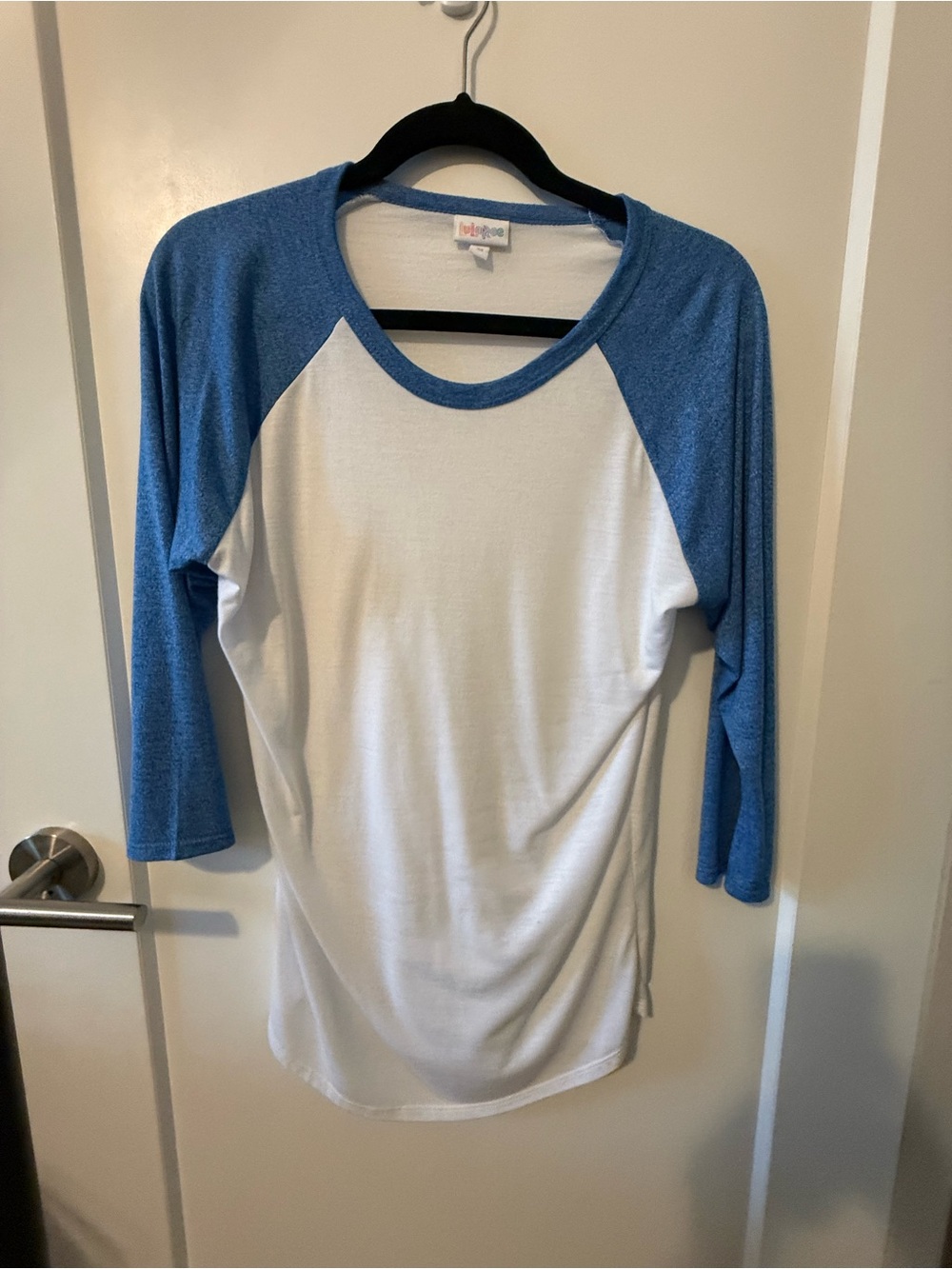 LuLaRoe Baseball Tee with Blue Raglan Sleeves